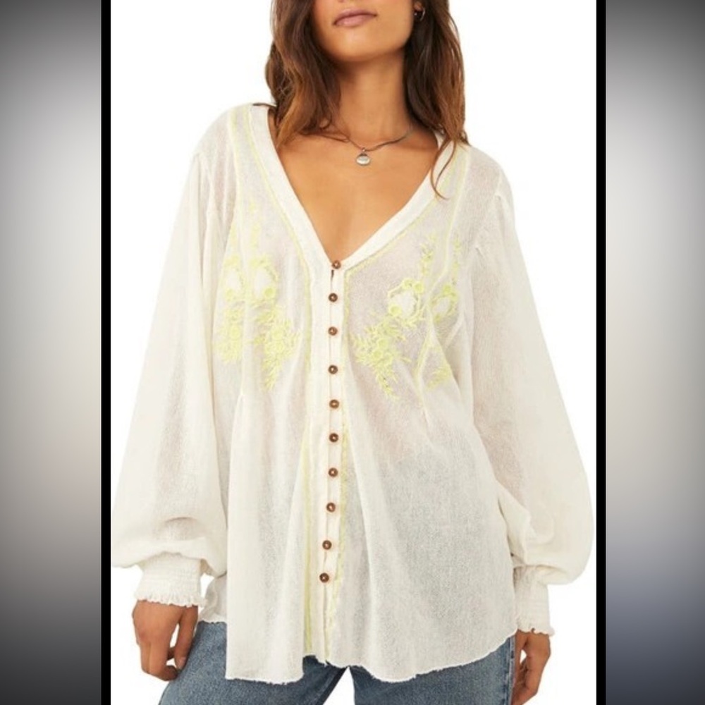 FREE PEOPLE Margie Embroidered Cotton Button Front Top In Ivory Combo